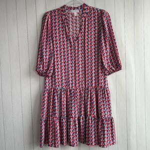 Scapa Lauren Perry size S tiered dress blue pink geometric v-neck puff sleeve